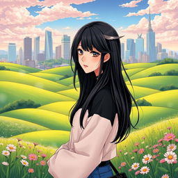 An enchanting countryside landscape in the foreground, filled with rolling green hills, blooming wildflowers, and a tranquil rural atmosphere, leading to a vibrant urban skyline in the background, showcasing modern skyscrapers and urban architecture