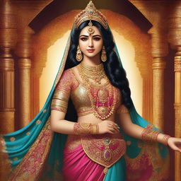 A high-quality, full-body digital art image, portraying Rukmini, the goddess from the Mahabharata, in a glamorous costume