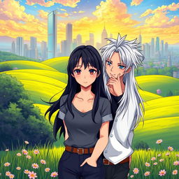 An enchanting countryside landscape in the foreground, filled with rolling green hills, blooming wildflowers, and a tranquil rural atmosphere, leading to a vibrant urban skyline in the background, showcasing modern skyscrapers and urban architecture