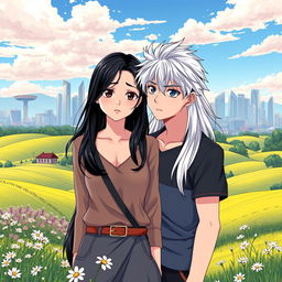 An enchanting countryside landscape in the foreground, filled with rolling green hills, blooming wildflowers, and a tranquil rural atmosphere, leading to a vibrant urban skyline in the background, showcasing modern skyscrapers and urban architecture