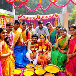 A vibrant and joyous Haldi ceremony, depicting family and friends gathered around, applying turmeric paste on the bride and groom in an outdoor setting adorned with colorful decorations