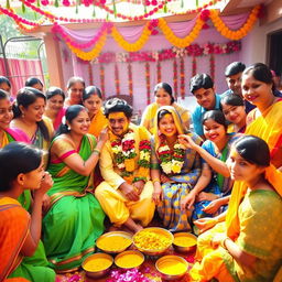 A vibrant and joyous Haldi ceremony, depicting family and friends gathered around, applying turmeric paste on the bride and groom in an outdoor setting adorned with colorful decorations