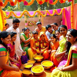 A vibrant and joyous Haldi ceremony, depicting family and friends gathered around, applying turmeric paste on the bride and groom in an outdoor setting adorned with colorful decorations