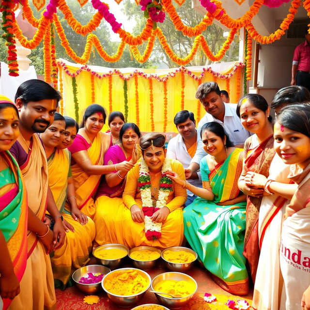 A vibrant and joyous Haldi ceremony, depicting family and friends gathered around, applying turmeric paste on the bride and groom in an outdoor setting adorned with colorful decorations