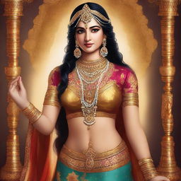 A high-quality, full-body digital art image, portraying Rukmini, the goddess from the Mahabharata, in a glamorous costume