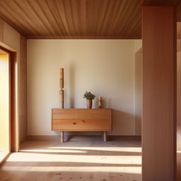 A minimalist interior design featuring a wooden floor and wood furniture.