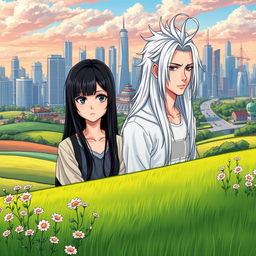 A captivating countryside landscape in the foreground, showcasing lush green fields and blooming flowers, transitioning into a dynamic urban skyline in the background with modern skyscrapers and vibrant city life