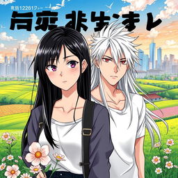 A captivating countryside landscape in the foreground, showcasing lush green fields and blooming flowers, transitioning into a dynamic urban skyline in the background with modern skyscrapers and vibrant city life