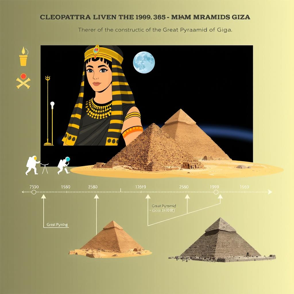 An engaging and visually appealing historical infographic that illustrates the fascinating timeline showing that Cleopatra lived closer to the 1969 Moon landing than to the construction of the Great Pyramid of Giza