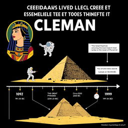 An engaging and visually appealing historical infographic that illustrates the fascinating timeline showing that Cleopatra lived closer to the 1969 Moon landing than to the construction of the Great Pyramid of Giza