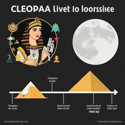 An engaging and visually appealing historical infographic that illustrates the fascinating timeline showing that Cleopatra lived closer to the 1969 Moon landing than to the construction of the Great Pyramid of Giza