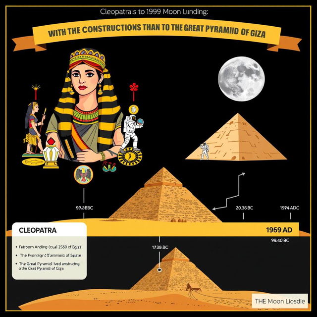 An engaging and visually appealing historical infographic that illustrates the fascinating timeline showing that Cleopatra lived closer to the 1969 Moon landing than to the construction of the Great Pyramid of Giza