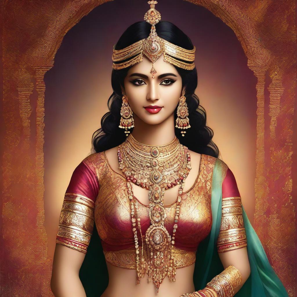 A high-quality, full-body digital art image, portraying Rukmini, the goddess from the Mahabharata, in a glamorous costume