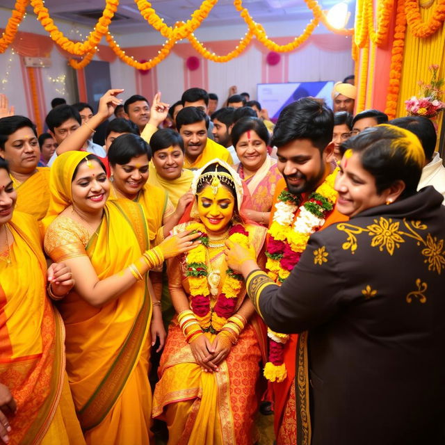 A vibrant and colorful Haldi celebration, featuring a joyful gathering of family and friends in traditional Indian attire