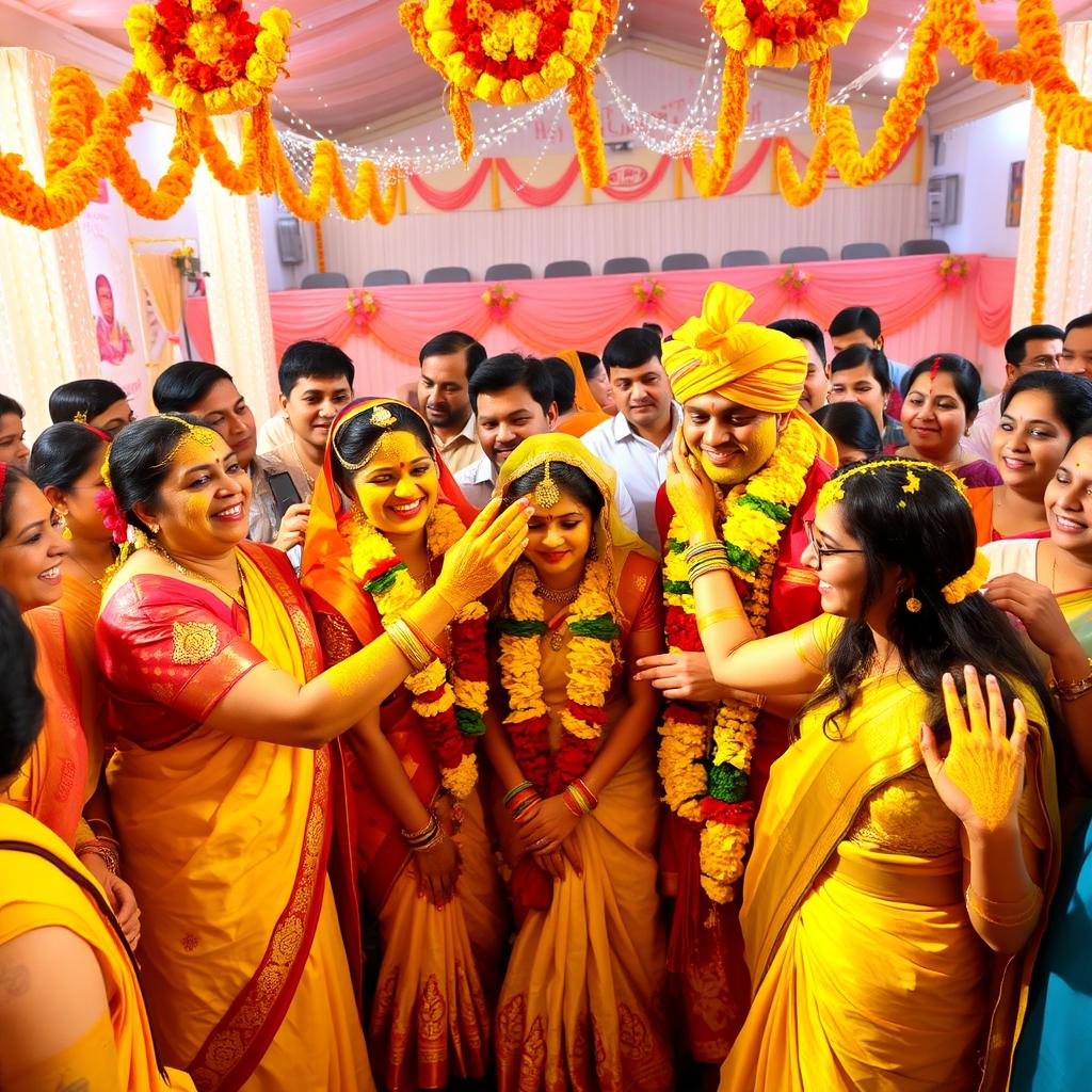 A vibrant and colorful Haldi celebration, featuring a joyful gathering of family and friends in traditional Indian attire