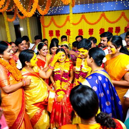A vibrant and colorful Haldi celebration, featuring a joyful gathering of family and friends in traditional Indian attire