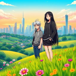 A picturesque countryside landscape in the foreground, featuring lush green fields, colorful wildflowers, and a peaceful atmosphere, gradually transitioning into a vibrant urban skyline in the background with sleek modern skyscrapers and lively city elements