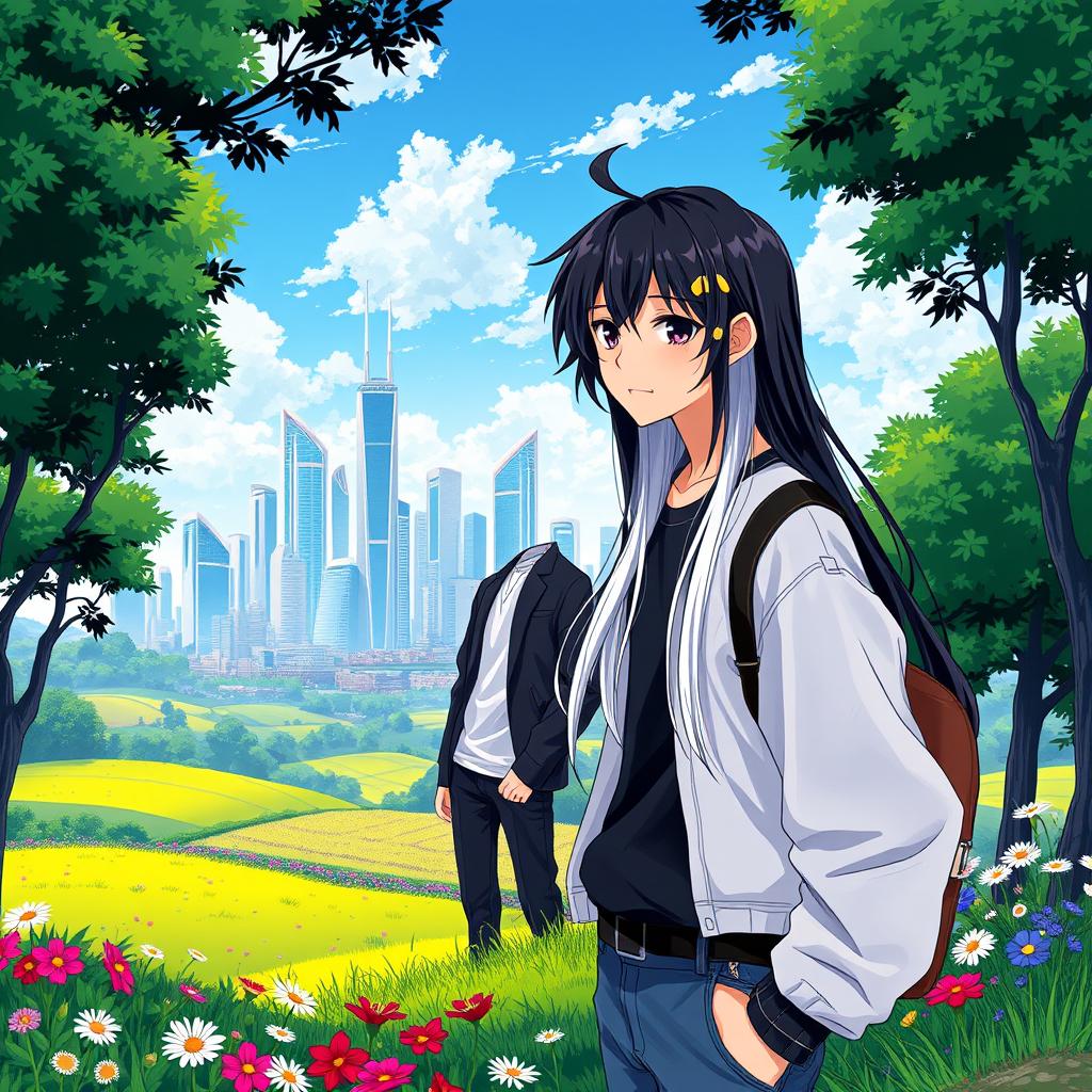 A picturesque countryside landscape in the foreground, featuring lush green fields, colorful wildflowers, and a peaceful atmosphere, gradually transitioning into a vibrant urban skyline in the background with sleek modern skyscrapers and lively city elements