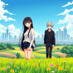 A picturesque countryside landscape in the foreground, featuring lush green fields, colorful wildflowers, and a peaceful atmosphere, gradually transitioning into a vibrant urban skyline in the background with sleek modern skyscrapers and lively city elements