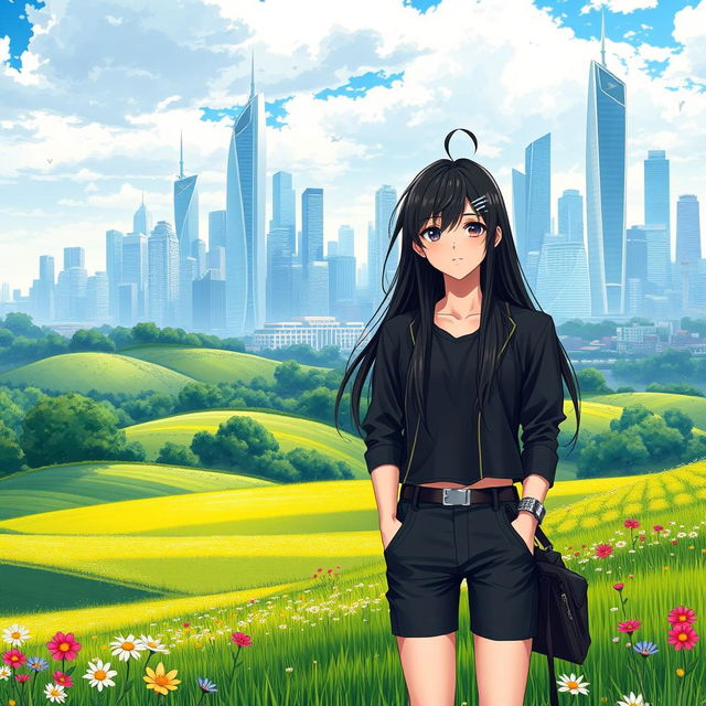 A picturesque countryside landscape in the foreground, featuring lush green fields, colorful wildflowers, and a peaceful atmosphere, gradually transitioning into a vibrant urban skyline in the background with sleek modern skyscrapers and lively city elements