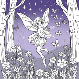A delightful fairy coloring book page featuring an enchanting fairy with delicate wings, surrounded by whimsical flowers and magical forest elements