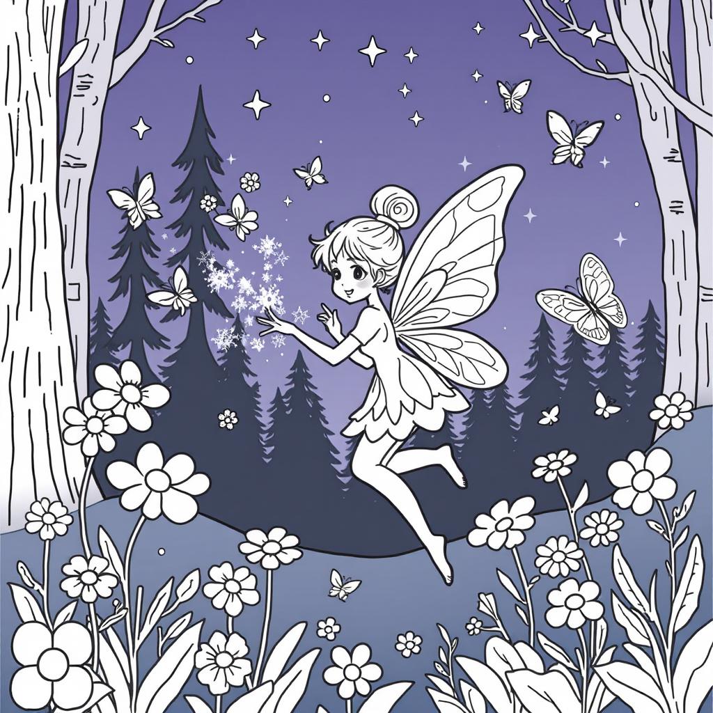 A delightful fairy coloring book page featuring an enchanting fairy with delicate wings, surrounded by whimsical flowers and magical forest elements