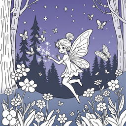 A delightful fairy coloring book page featuring an enchanting fairy with delicate wings, surrounded by whimsical flowers and magical forest elements