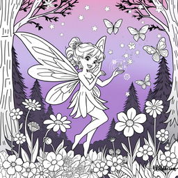 A delightful fairy coloring book page featuring an enchanting fairy with delicate wings, surrounded by whimsical flowers and magical forest elements