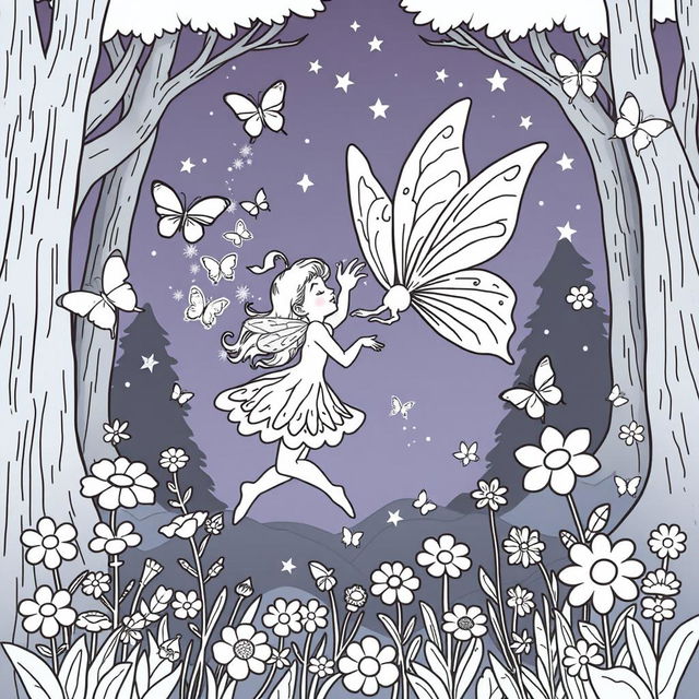 A delightful fairy coloring book page featuring an enchanting fairy with delicate wings, surrounded by whimsical flowers and magical forest elements