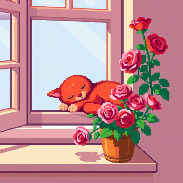 A charming red cat peacefully sleeping on a windowsill, bathed in warm sunlight