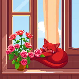 A charming red cat peacefully sleeping on a windowsill, bathed in warm sunlight
