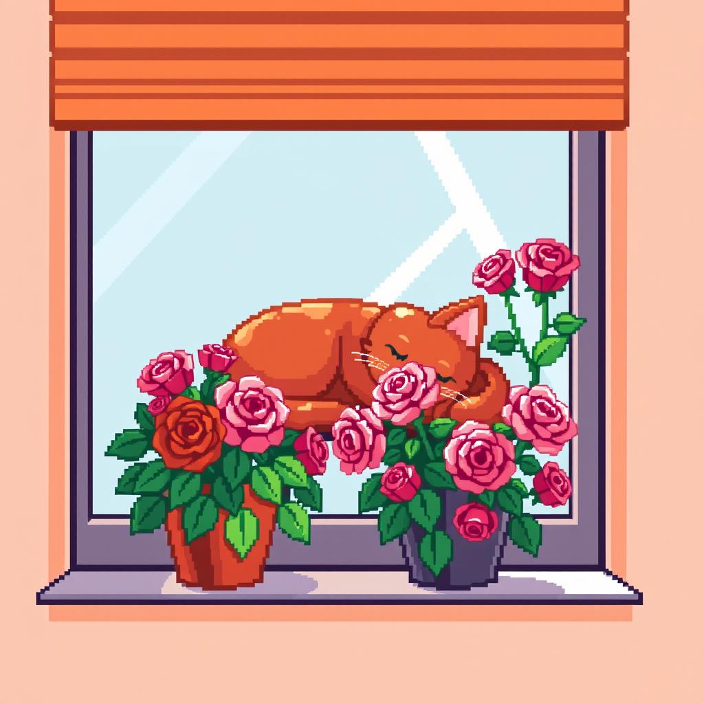A charming red cat peacefully sleeping on a windowsill, bathed in warm sunlight