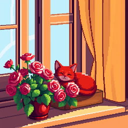 A charming red cat peacefully sleeping on a windowsill, bathed in warm sunlight