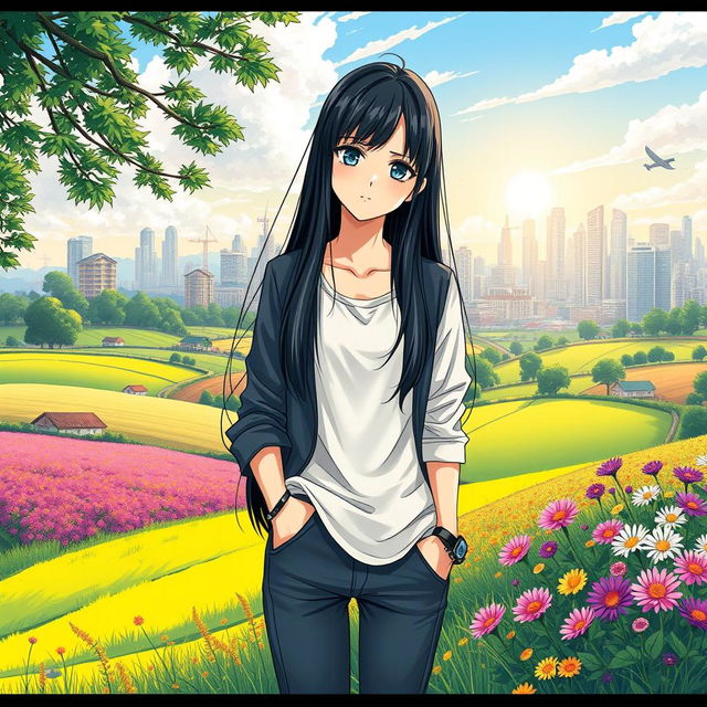 A serene countryside landscape in the foreground featuring vibrant green fields, colorful flowers, and a peaceful rural ambiance, seamlessly transitioning into a bustling urban skyline in the background with modern buildings and dynamic city life