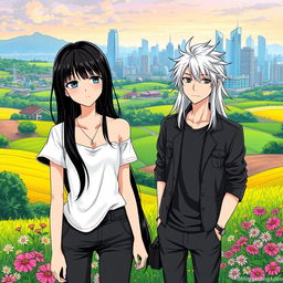 A serene countryside landscape in the foreground featuring vibrant green fields, colorful flowers, and a peaceful rural ambiance, seamlessly transitioning into a bustling urban skyline in the background with modern buildings and dynamic city life
