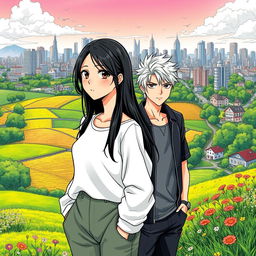 A serene countryside landscape in the foreground featuring vibrant green fields, colorful flowers, and a peaceful rural ambiance, seamlessly transitioning into a bustling urban skyline in the background with modern buildings and dynamic city life