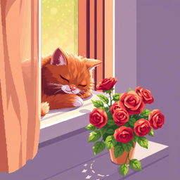 A charming red cat peacefully sleeping on a windowsill, with soft sunlight filtering through the window