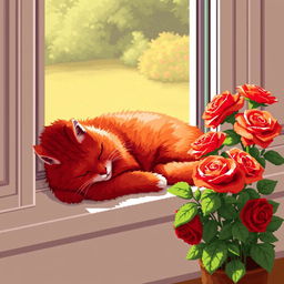 A charming red cat peacefully sleeping on a windowsill, with soft sunlight filtering through the window