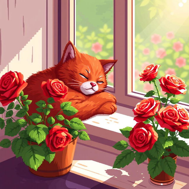 A charming red cat peacefully sleeping on a windowsill, with soft sunlight filtering through the window