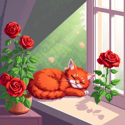 A charming red cat peacefully sleeping on a windowsill, with soft sunlight filtering through the window