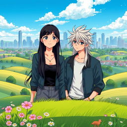 A beautiful countryside landscape in the foreground, featuring rolling green hills, blooming flowers, and a tranquil rural setting, leading into a vibrant urban skyline in the background with modern buildings and a lively atmosphere
