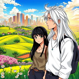 A beautiful countryside landscape in the foreground, featuring rolling green hills, blooming flowers, and a tranquil rural setting, leading into a vibrant urban skyline in the background with modern buildings and a lively atmosphere