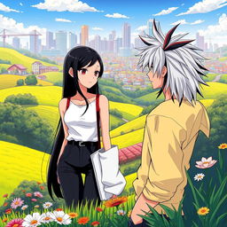 A beautiful countryside landscape in the foreground, featuring rolling green hills, blooming flowers, and a tranquil rural setting, leading into a vibrant urban skyline in the background with modern buildings and a lively atmosphere
