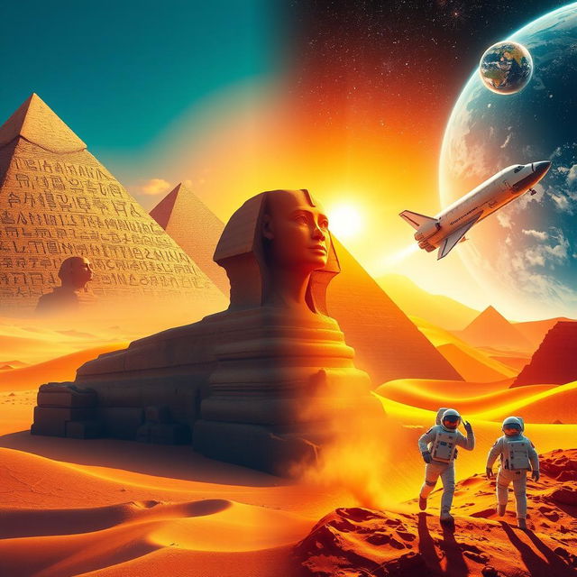 A visually striking juxtaposition of images featuring ancient Egypt and modern space exploration