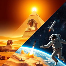 A visually striking juxtaposition of images featuring ancient Egypt and modern space exploration