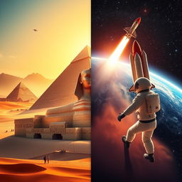 A visually striking juxtaposition of images featuring ancient Egypt and modern space exploration