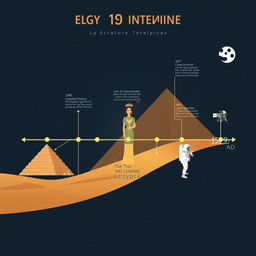 A visually captivating timeline infographic that creatively showcases key historical events related to Cleopatra, the construction of the Great Pyramid of Giza, and the 1969 Moon landing