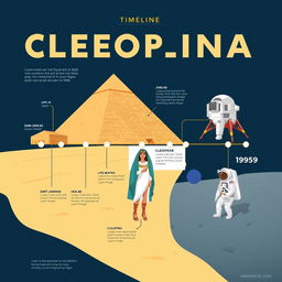 A visually captivating timeline infographic that creatively showcases key historical events related to Cleopatra, the construction of the Great Pyramid of Giza, and the 1969 Moon landing