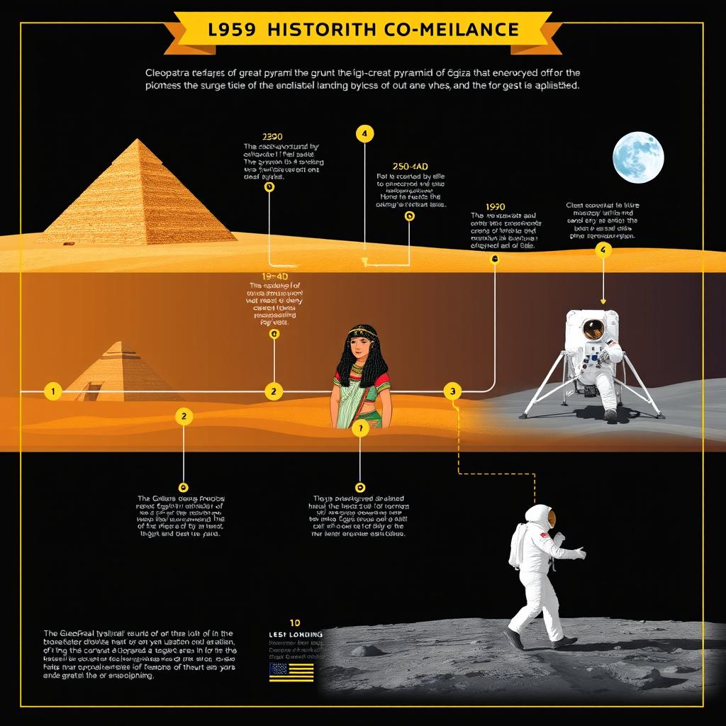 A visually captivating timeline infographic that creatively showcases key historical events related to Cleopatra, the construction of the Great Pyramid of Giza, and the 1969 Moon landing