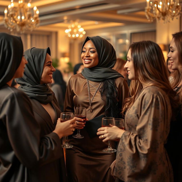 A stylish and elegant representation of a beautiful Muslim woman dressed in a fashionable, contemporary outfit, engaging in a playful interaction with other alluring women at a sophisticated gathering